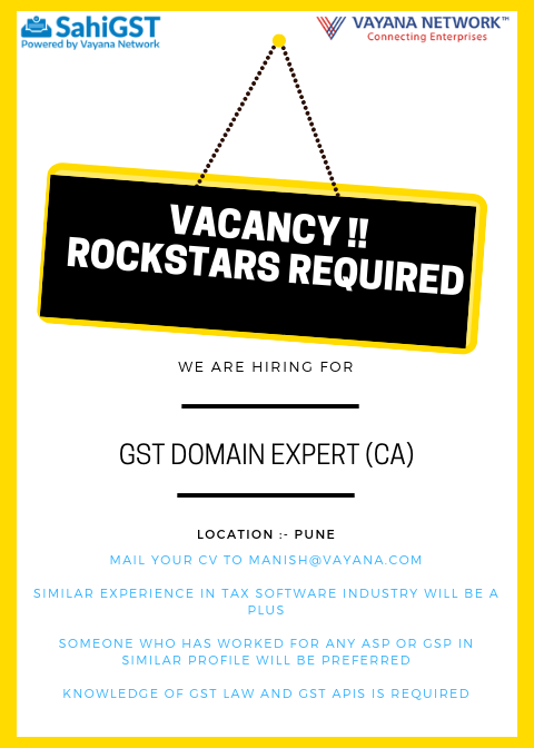 SahiGST's tweet photo. #Job #Hiring #CA #GST #gstsoftware Domain Consultant (CA/CS) https://t.co/yhLGGqqIB1
