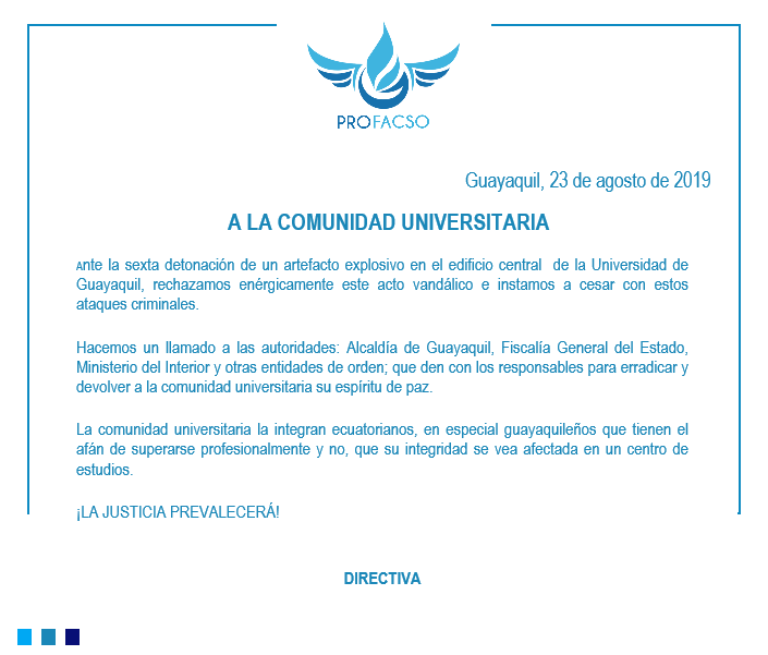 ProFacsoUG's tweet photo. 📍#PROFACSO | COMUNICADO
Debido a los actos de vandalismo nuestro Movimiento Estudiantil se pronuncia.
#SomosDiferentes #PROFACSO ¡Siempre Contigo! https://t.co/URXMusECfZ