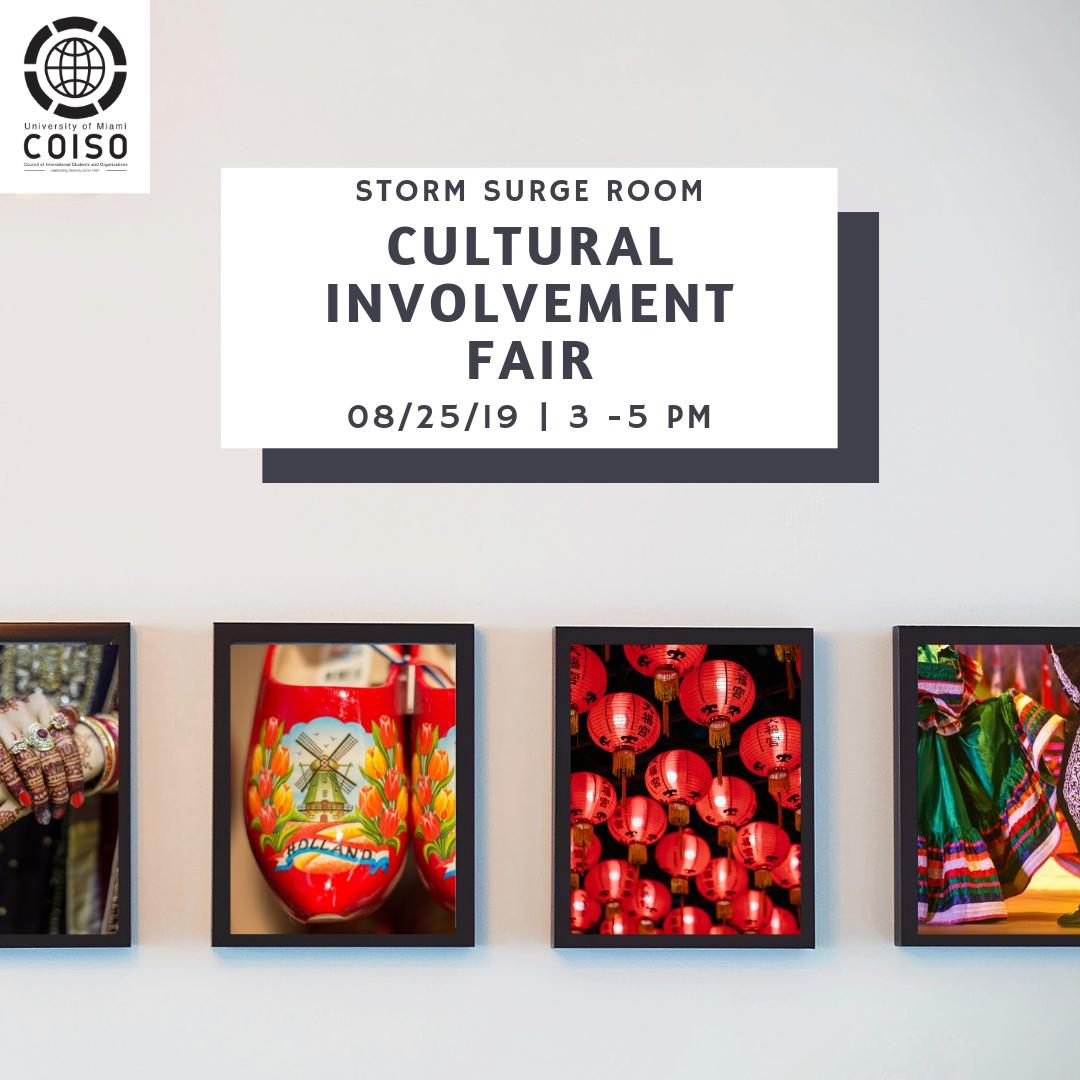 UMiamiISSS's tweet photo. COISO will be holding their Cultural Involvement Fair on Sunday, August 25th, from 3:00-5:00 PM in the Storm Surge Room. Stop by to learn about the different cultural organizations on campus and how you can get involved! https://t.co/Qrd2uL5rzY