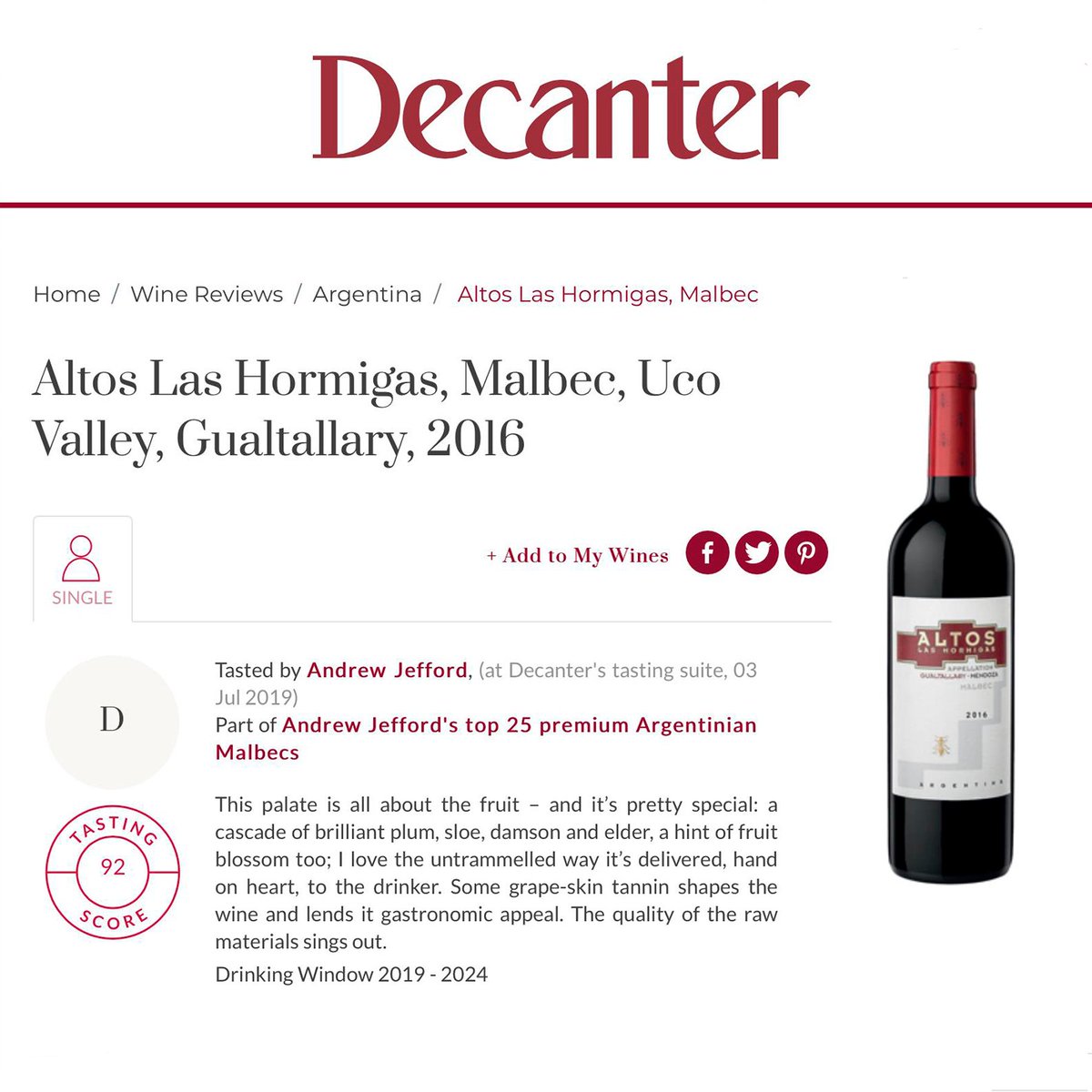 Our #Malbec Appellation Gualtallary 2016 among Andrew Jefford’s TOP 25 PREMIUM ARGENTINEAN MALBECS, featured on Decanter Magazine. Our favourite part of the review: “I love the untrammelled way it’s delivered, hand on heart, to the drinker.”