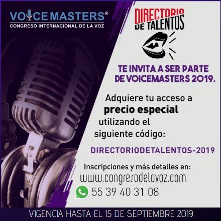 ProdCoordinada's tweet photo. No te quedes fuera del congreso.
Si eres parte del Directorio de Talentos podrás obtener un precio especial.

#VOICEMASTERS2019
#DIRECTORIODETALENTOS https://t.co/E3iWI2a7Pl