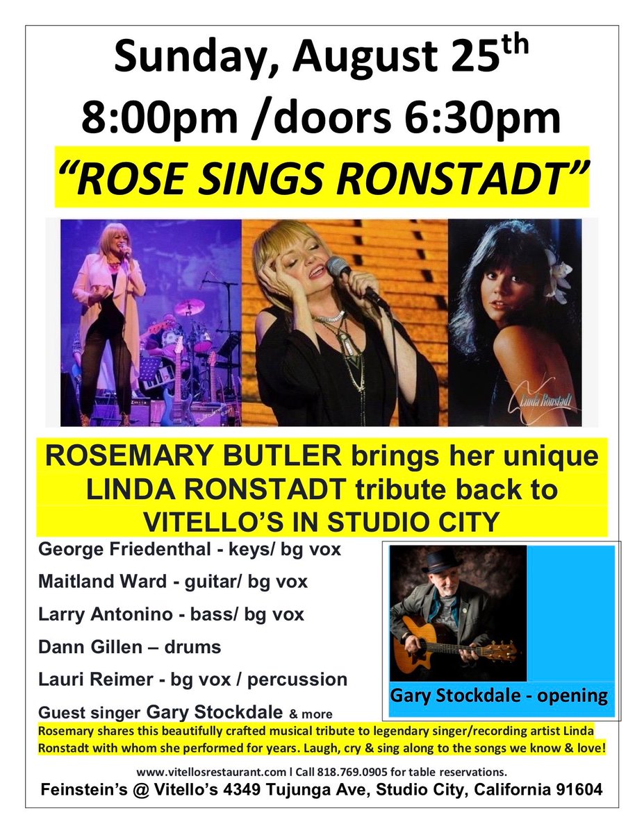 It's happening again this Sunday Aug 25 at the newly remodeled Feinstein's @ Vitello's. My show 'ROSE SINGS RONSTADT'-a tribute to my dear friend (&former boss) Linda Ronstadt. With my full band & Gary Stockdale opening. Reservations: tinyurl.com/RoseSingsRonst… #lindaronstadttribute