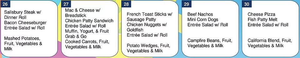 SOCSFoodService's tweet photo. Elementary Lunch for the week of 8.26-8.30 https://t.co/nFSXRm5ORr