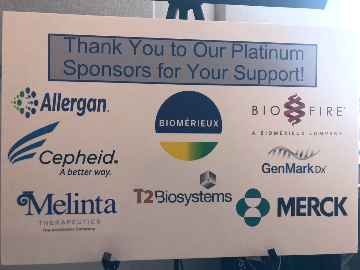 ASAPatAH's tweet photo. An enormous thank you to our Platinum Sponsors for helping make our first year a success! @Allergan @CepheidNews @MelintaTx @biomerieux_inc @T2Bio @BioFireDX @Merck and GenMark! https://t.co/z3MvY6Wasc
