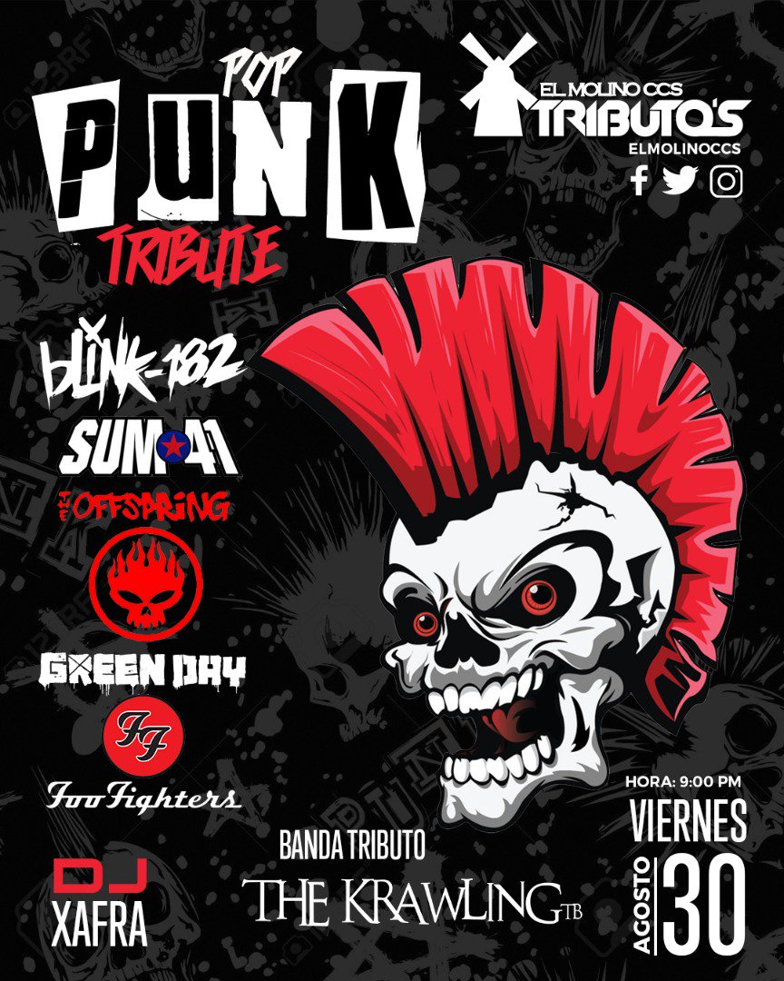 #30Ago Te invitamos a disfrutar de Pop Punk junto a la banda The Krawling que rendirá tributo a las bandas:

-Blink
-182
-Sum 41
-Offpring
-Green Day
-Foo Fighters

#SalonPrincipal: DJ Xafra

Hora: 9:00pm
Cover en puerta
