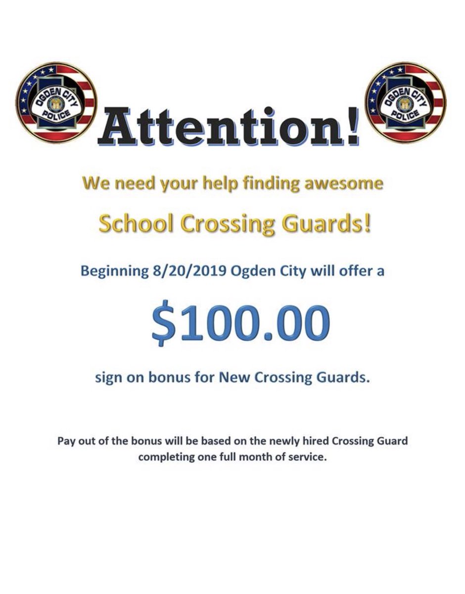 OgdenEducation's tweet photo. Repost from @OGDEN_POLICE 
We are looking for individuals who want to provide an important service to our community school children as crossing guards.  See https://t.co/YIKjQfQgjB for information about the job.  Rate of pay is $16 an hour with a three hour minimum each day. https://t.co/rDp5PeKPUE