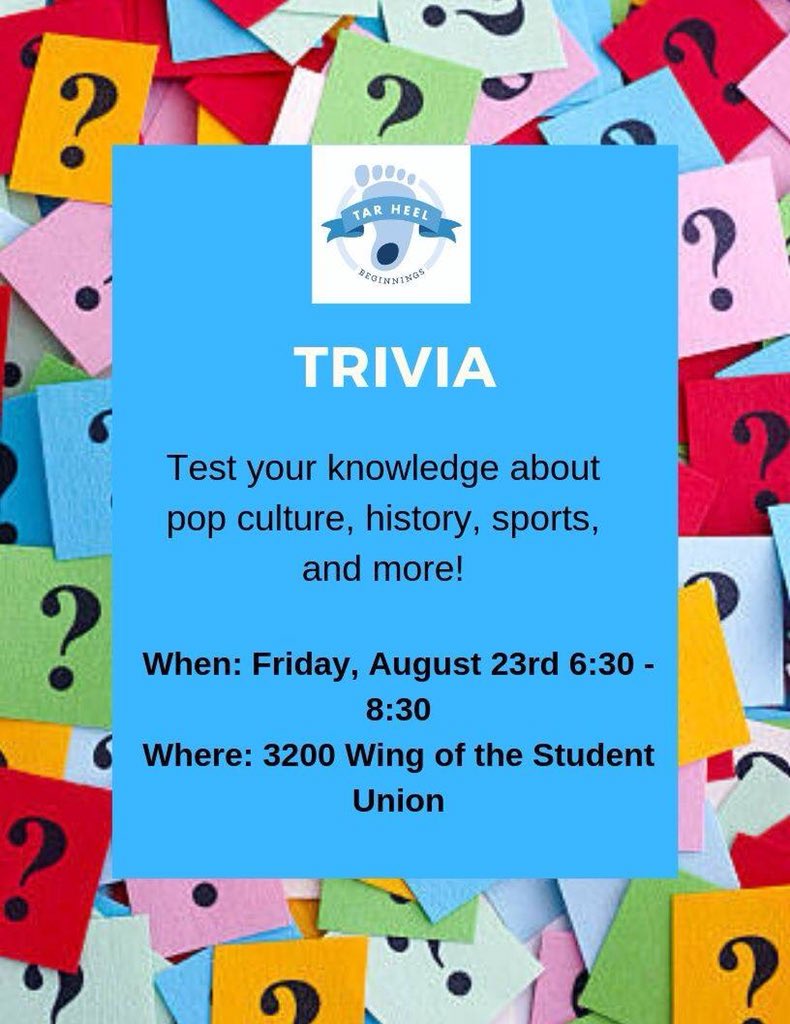 THB_UNC's tweet photo. tbh Jeopardy has nothing on our Trivia Night 👀 Test your knowledge at Trivia Night hosted by Tar Heel Beginnings! Enjoy Insomnia Cookies and see who really knows it all amongst your group! Winners get prizes! Check out the flyer below! #weekofwelcome https://t.co/AWlnAjr5S3