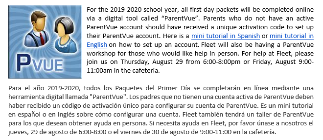 JOIN US for a Fleet ParentVue Workshop (In Person) on Thursday, August 29th from 6:00-8:00pm or Friday, August 30th from 9:00-11:00am in the cafeteria! #FleetES <a href="/APSVirginia/">Arlington Public Schools</a> <a href="/APSFleetPTA/">APSFleetPTA</a> <a href="/Fleet_AP/">Allie Weissberg</a> <a href="/Principal_Fleet/">Raymond Laporte</a> <a href="/JamieTDay/">Dr. Jamie Day</a> @Fleet_ITC