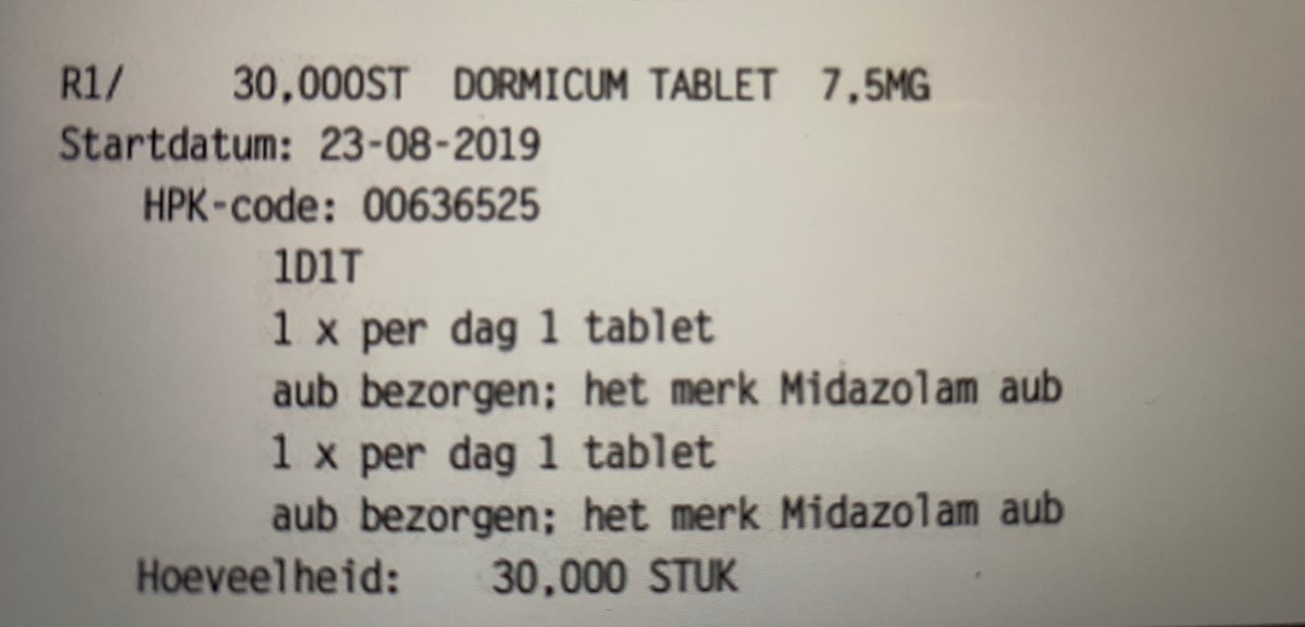 Als een voorschrijver onderstaande voorschrijft, en ik als #apotheker dit moet uitleggen aan de patient: patient wil het ‘merk’ midazolam, geen dormicum. Is geen generiek van beschikbaar, ook nooit geweest in NL. Patient: ‘Maar de dokter zei dat ik echt midazolam moest krijgen’