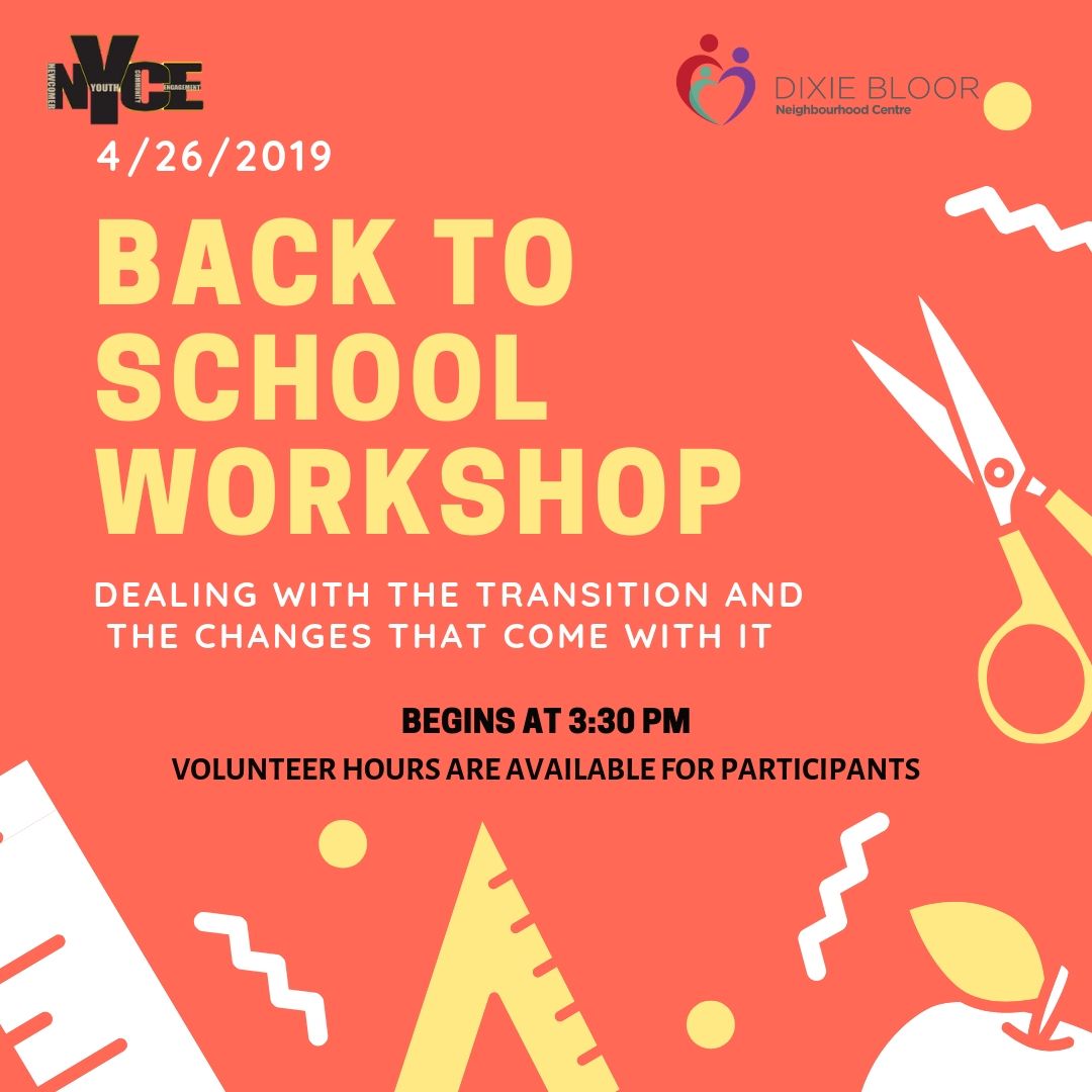 Are you nervous about heading back to school? Join us on Monday, August 26th for a workshop on how you can deal with the stress and prepare for that dreaded first test! @DixieBloorCtr #DixieBloorCentre #DBNC #DBNCYouth #NYCE