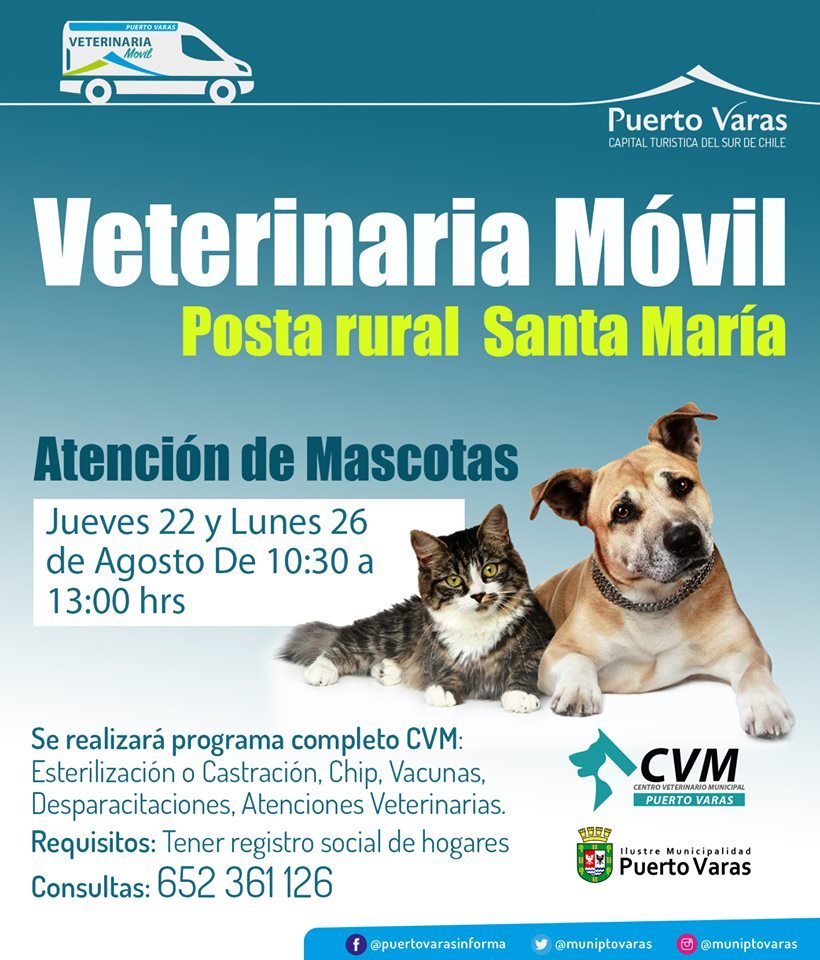 🐗 Este lunes volvemos con la Clínica Veterinaria Móvil #PuertoVaras a la Posta de Santa María para atender las mascotas de nuestros vecinos. Te Esperamos!!!