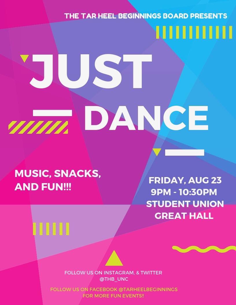 THB_UNC's tweet photo. Think your days of Just Dance were over? Feeling inspired after Convocation and Fall Fest? Bust a move over in the Great Hall of the Student Union from 9-10:30pm and let loose with your fellow Tar Heels in our Just Dance Event. #bustdown
#justdance https://t.co/yyo23x7UHt
