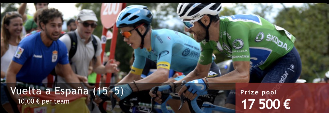 #LaVuelta19 #Vuelta2019 
Play the Vuelta game. €17.500 in prices te win!!

The Fantasy Vuelta a España (15+5) 2019 will start at Sunday 25 August 2019 at 12:00 CET.

zweeler.com/game/cyclingTo…

To create a team every player enters 15 riders and 5 substitute riders.