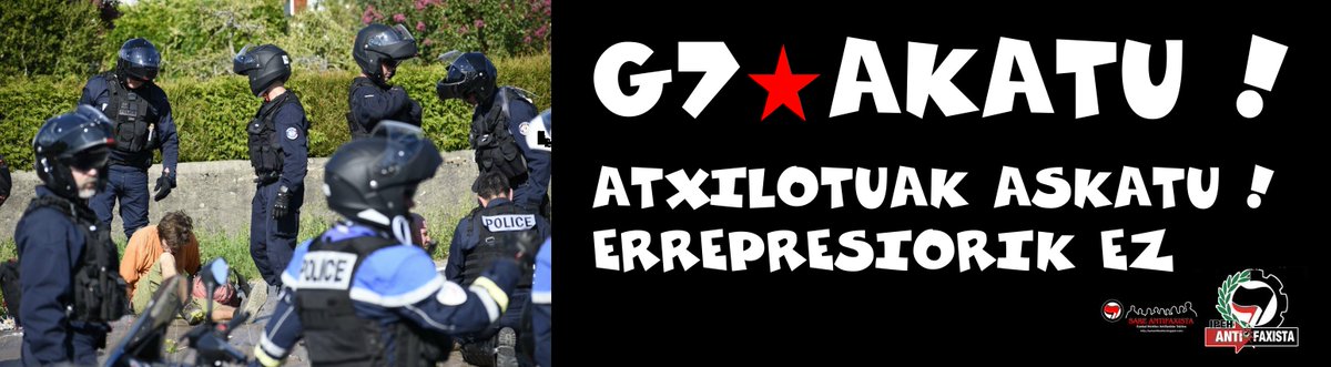 Antifaxismoa's tweet photo. Atxilotuak Askatu ! Frantziako Poliziak hamabi pertsona atxilotu ditu Urruñako protestan https://t.co/ZHHcMOLYfH

#G7Biarritz #G7Ez #G7Akatu #NoG7 #StopG7
#G7Non #G7No #BlockG7 #G7Miarritze
#G7Blokatu #G7EzInon #Matxinada
#AldeHemendik #GoraHerria #EuskalHerriaAskatu https://t.co/tlmK7eDt3Z