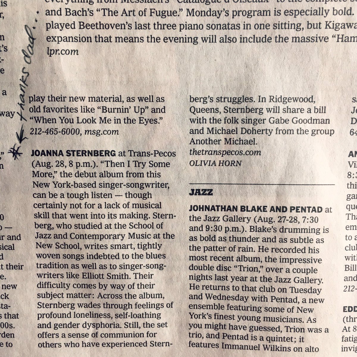 joannasternberg's tweet photo. My dad spotted me in the @nytimes today across from my amazing teacher Andrew Cyrille and my direct competition THE JONAS BROTHERS (I'm kidding!) Thank You Olivia Horn for the lovely words and the show mention- @trans.pecos w/ #anothermichael and @gabegoodman on Wed. Aug. 28! https://t.co/3vRZCAeVdn
