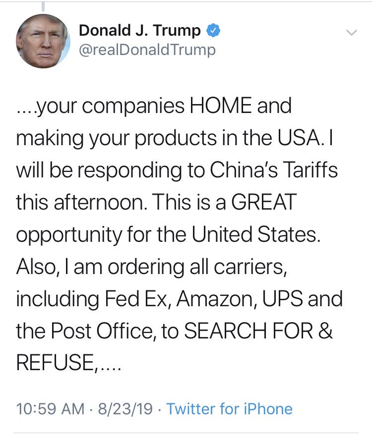 A) Trump tweets at 10:59 AM "I will be responding to China's tariffs this afternoon."B) Tweeting is how he always announces.C) Tariffs is his easy stick on ChinaD) By 4:40 there is only a narrow window for Trump to still respond "this afternoon.Look at Swan's "sources."