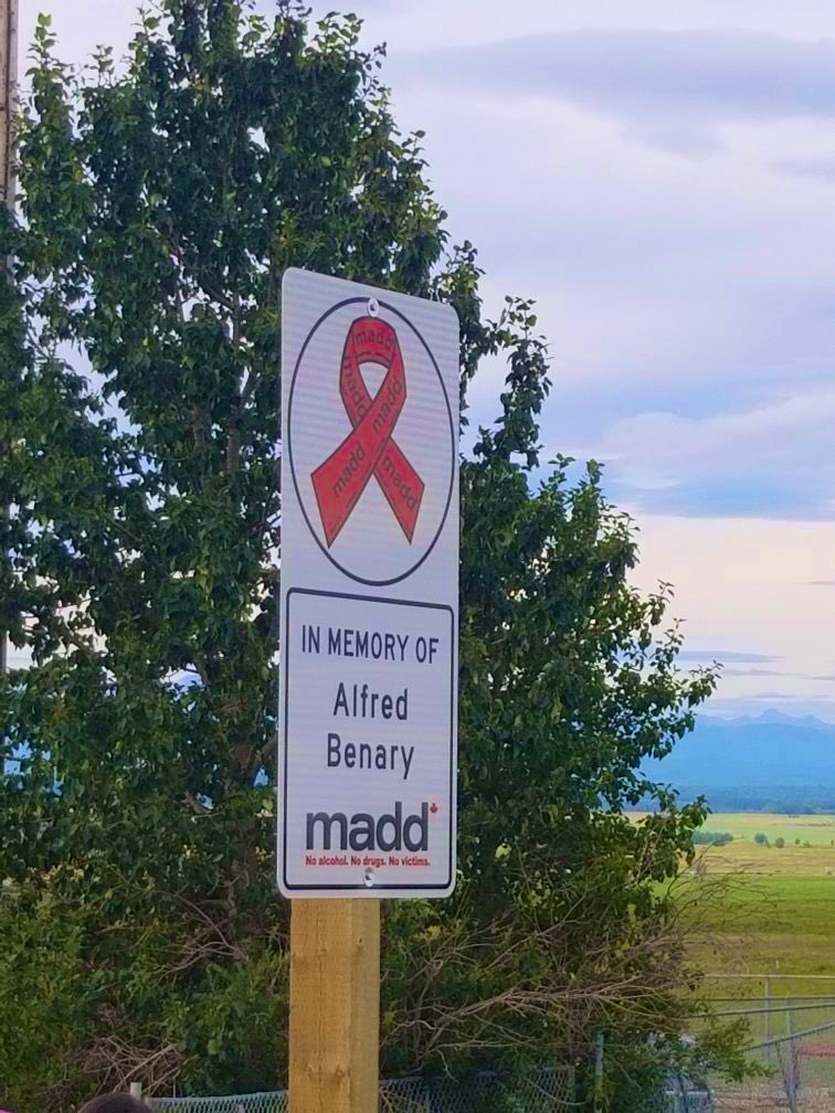 WendyMDoyle's tweet photo. What an honour to attend the @maddcanada event this morning to honour Alberta’s first roadside memorial. Thank you to the Alfred (Fred) Benary family for sharing their story. #impaireddriving #abroads https://t.co/EVW6AduDUT