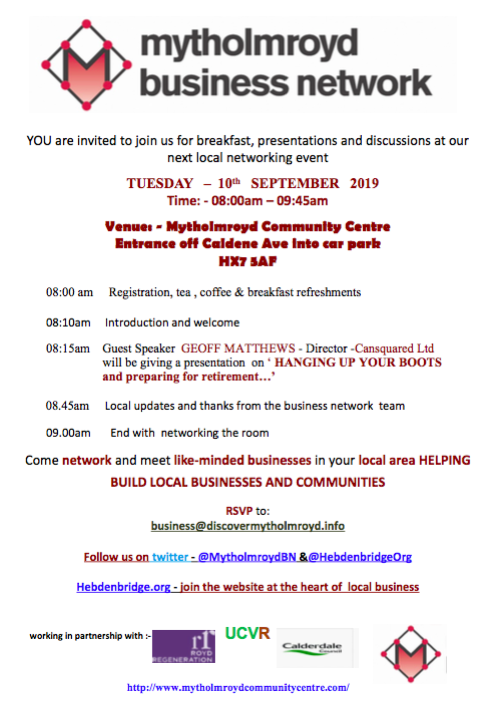 MytholmroydBN's tweet photo. Come and join us 8am on 10th Sept. Business breakfast with @GeoffM58 pensions expert on "Hanging up your boots" Plus the usual networking opportunities. https://t.co/1M591ZaPOk