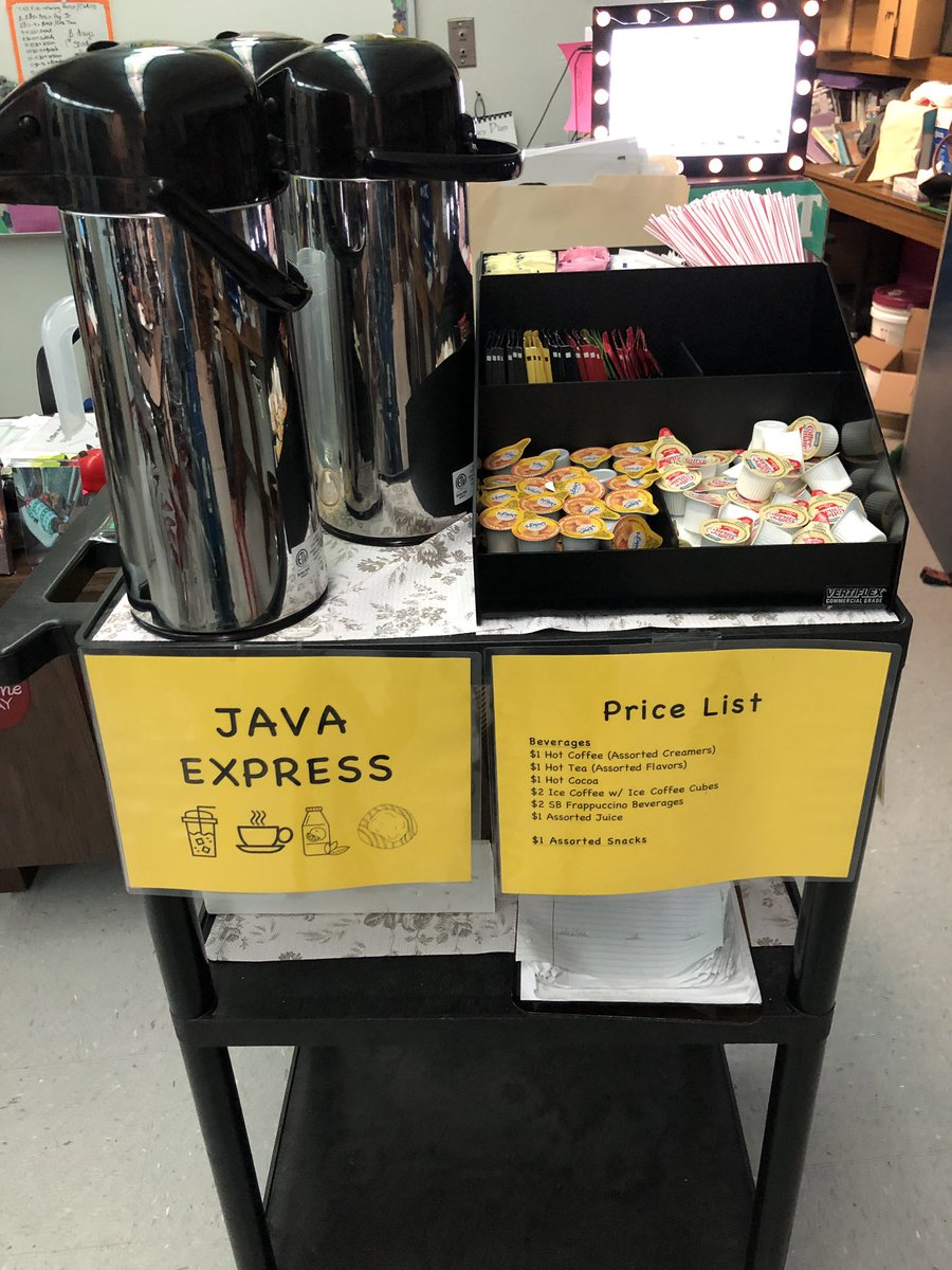 STribaudino's tweet photo. Our Java Express ☕️ cart is ready to roll!! My students helped with set up and decorations. They did amazing.... love their organizational and artistic skills!! #CBI #Studentteaching #Futureeducators #PASSClass @ProfCrystalLaw @BCEdPathway https://t.co/YTtpNKeDM0