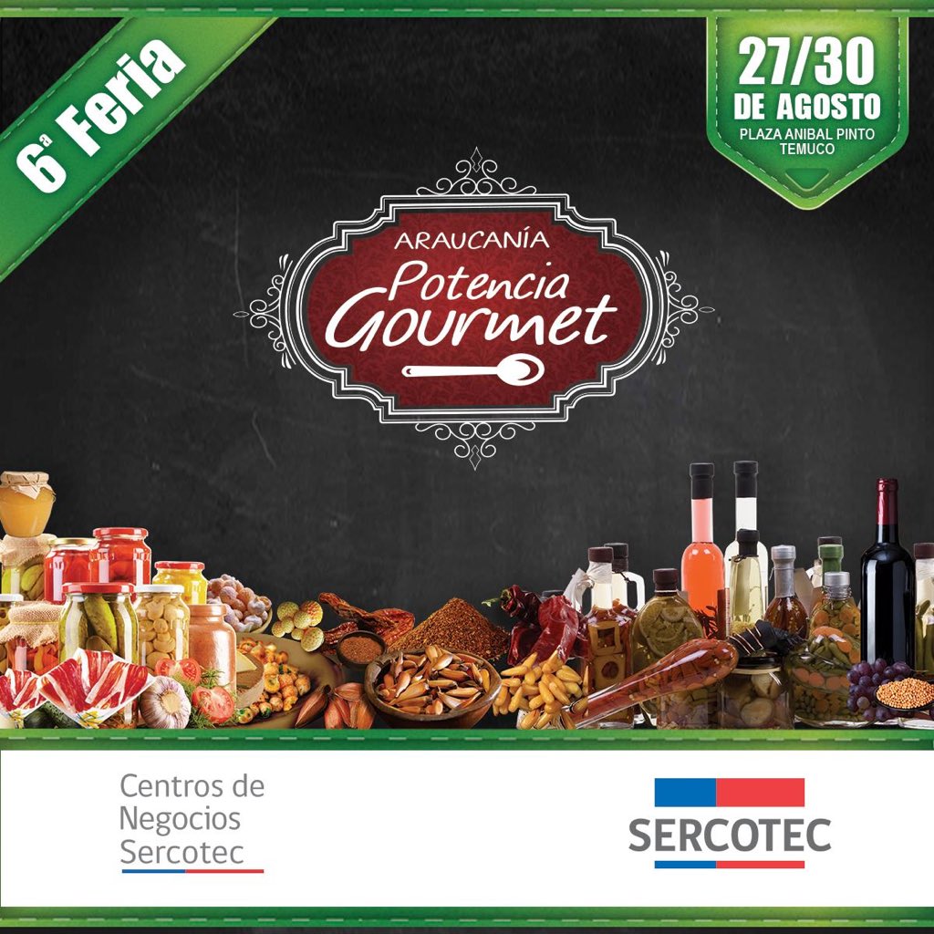 SercotecAraucan's tweet photo. 📌Si te gustan los productos gourmet, elaborados en nuestra región, esta invitación es para ti🗣Te invitamos a conocer a 60 empresarios que darán vida la 6ta versión de la Feria Araucanía Potencia Gourmet ¡Los esperamos del 27 al 30 de agosto en la plaza Aníbal Pinto de Temuco! https://t.co/5MwzgNXli3