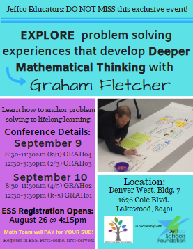 Jeffco_Math's tweet photo. The count down is on! Mark your calendar &amp; set your alarm!
In partnership with the Jeffco Schools Foundation, Jeffco Public Schools is hosting math guru Graham Fletcher. Registration opens August 26 @ 4:15pm. 
#JeffcoGenerations
#JeffcoSchoolsFn
#JeffcoMathInstruction https://t.co/oP0978Mcqg