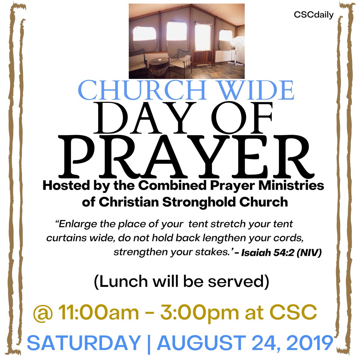 cscdaily's tweet photo. Join us
.
.
.
.
.
.
T O M O R R O W
#ChurchWideDayOfPrayer #atCSC #at11am #LunchWillBeProvided #Isaiah542 #1Chronicles410 #LighthousePraiseBand #PastorChristopherABellSr #ReneeBell #RevKeithBethel #DeborahCanty #PatsorKevinHenleySr #PrayerOfJabez πβͺοΈππΆπΌββοΈπΆπΎββοΈπππππππππΎβ€οΈ https://t.co/Ihqy5WAcPl