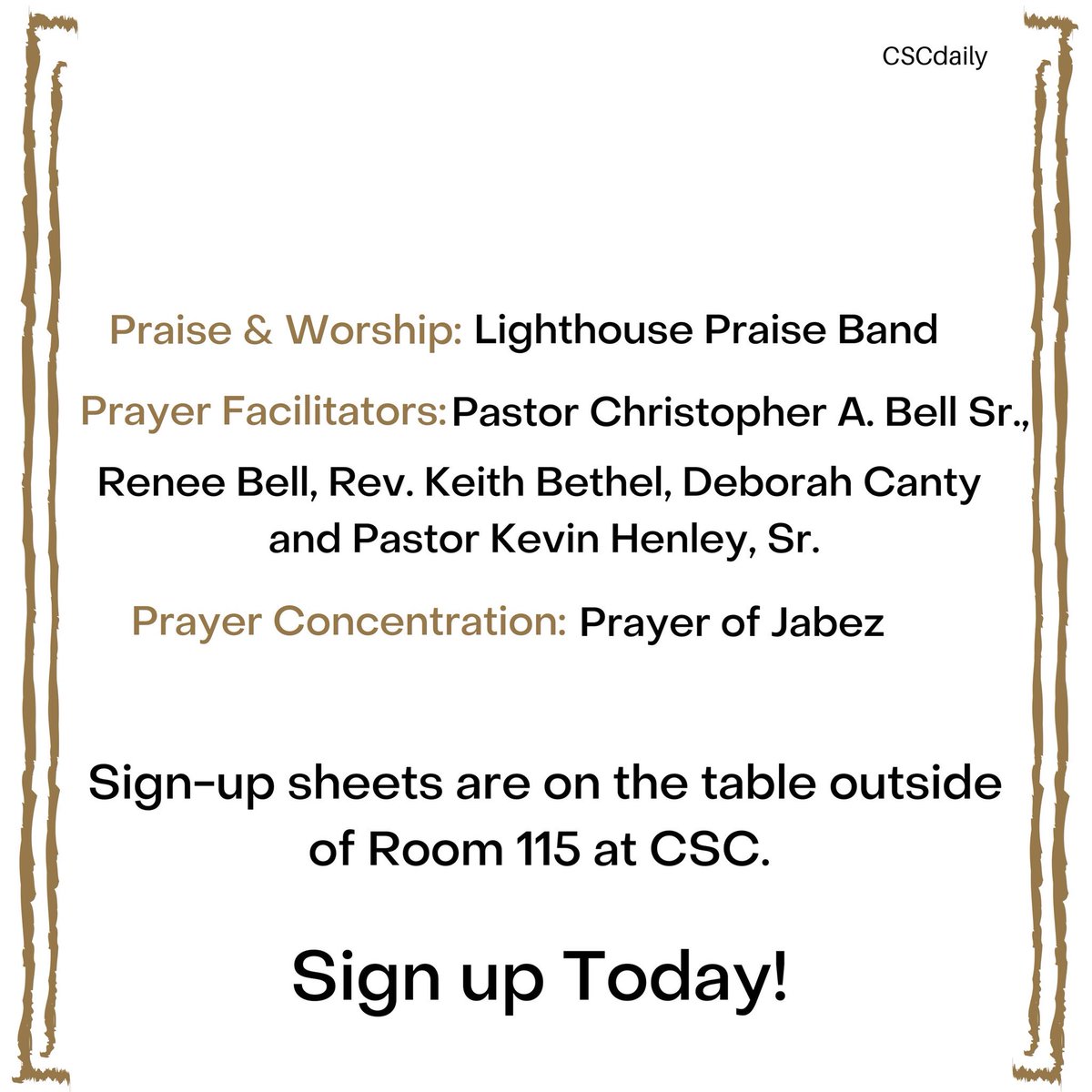 cscdaily's tweet photo. Join us
.
.
.
.
.
.
T O M O R R O W
#ChurchWideDayOfPrayer #atCSC #at11am #LunchWillBeProvided #Isaiah542 #1Chronicles410 #LighthousePraiseBand #PastorChristopherABellSr #ReneeBell #RevKeithBethel #DeborahCanty #PatsorKevinHenleySr #PrayerOfJabez πβͺοΈππΆπΌββοΈπΆπΎββοΈπππππππππΎβ€οΈ https://t.co/Ihqy5WAcPl