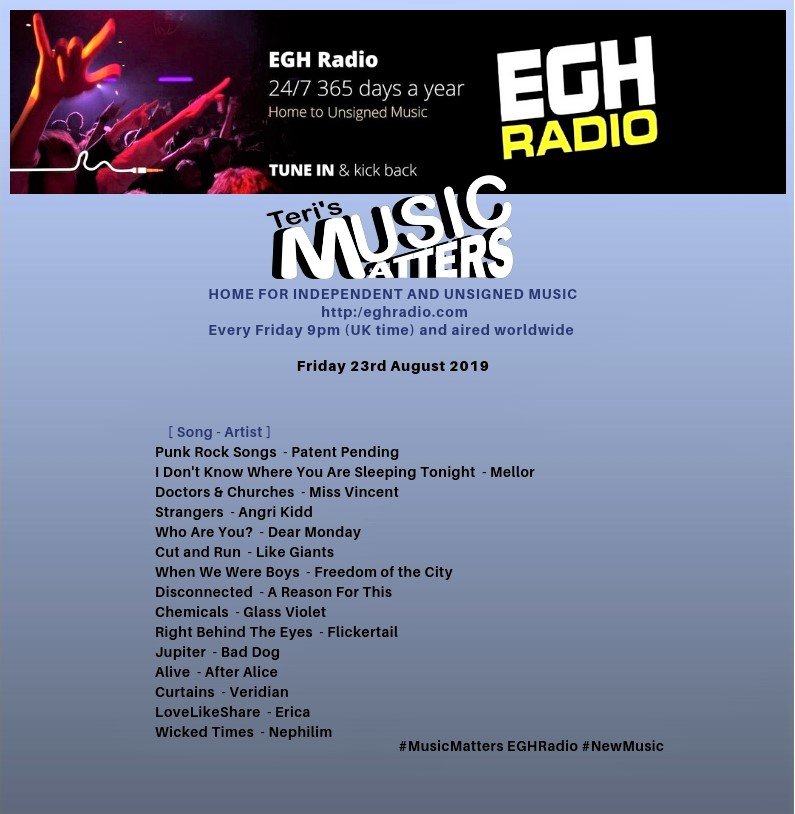 MusicMatters_T's tweet photo. ∞ TODAY ∞
Tune in to @EGHRadio 9pmUK, enjoy the fresh unique sound on Teri's #MusicMatters
🎧https://t.co/85uswnZvMu 
feat
#PatentPending
@melloruk
@missvincentband
@AngriKidd
#DearMonday
@likegiantsuk
#FreedomoftheCity
@A_ReasonForThis

#NewMusicAlert #EGHRadio #MusicFriday https://t.co/x5EGAQzq0L
