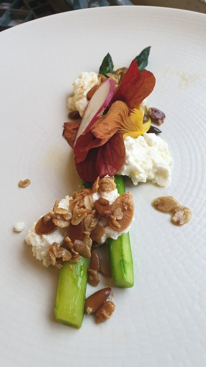 Asparagus, <a href="/StTolaCheese/">St Tola Goat Cheese</a> and truffle granola. <a href="/davemullanchef/">Dave Mullan</a> working his magic.