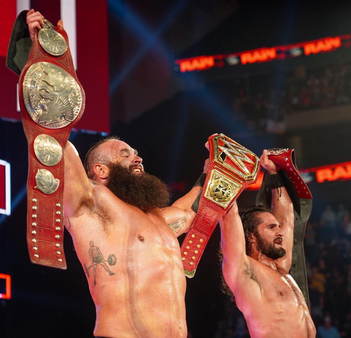 WWERollins's tweet photo. Been a hell of a week.... #tripledoublechamp https://t.co/yruEleuYBV