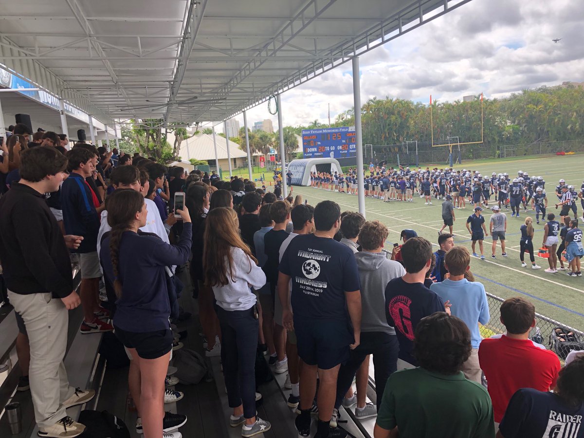 Packed student section welcomes the 2019 edition of the ⁦@GulliverFB⁩ Raiders to the field!! Let’s Go Raiders!! #ProudRaiderFamily