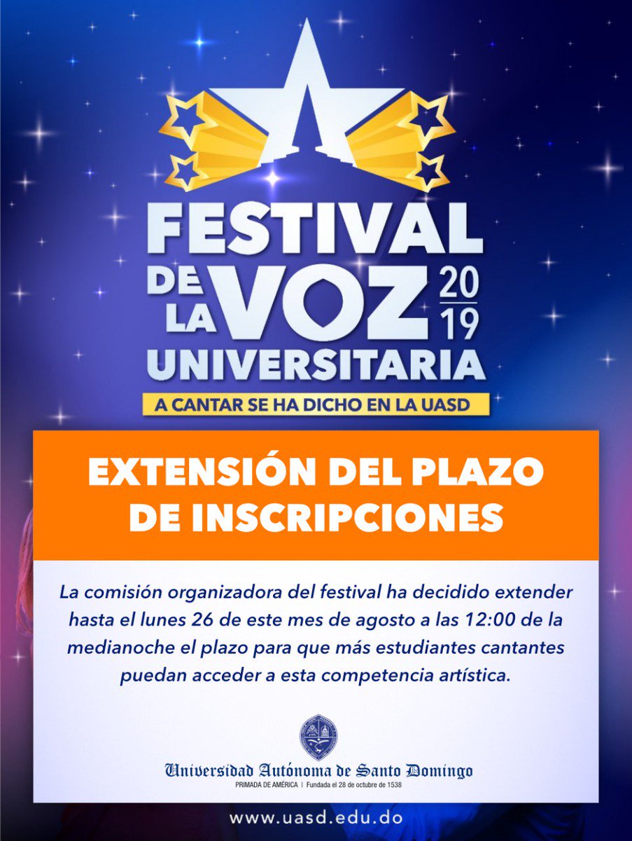 UniversidadUASD's tweet photo. ¡Atención #UASDiano que tienes talento para el canto! 

¡Aún estás  a tiempo de participar!

#ACantarSeHaDichoEnLaUASD

Completa el formulario pulsando en el enlace 👇
https://t.co/NkWR0JcMWA https://t.co/doREvDAwcp