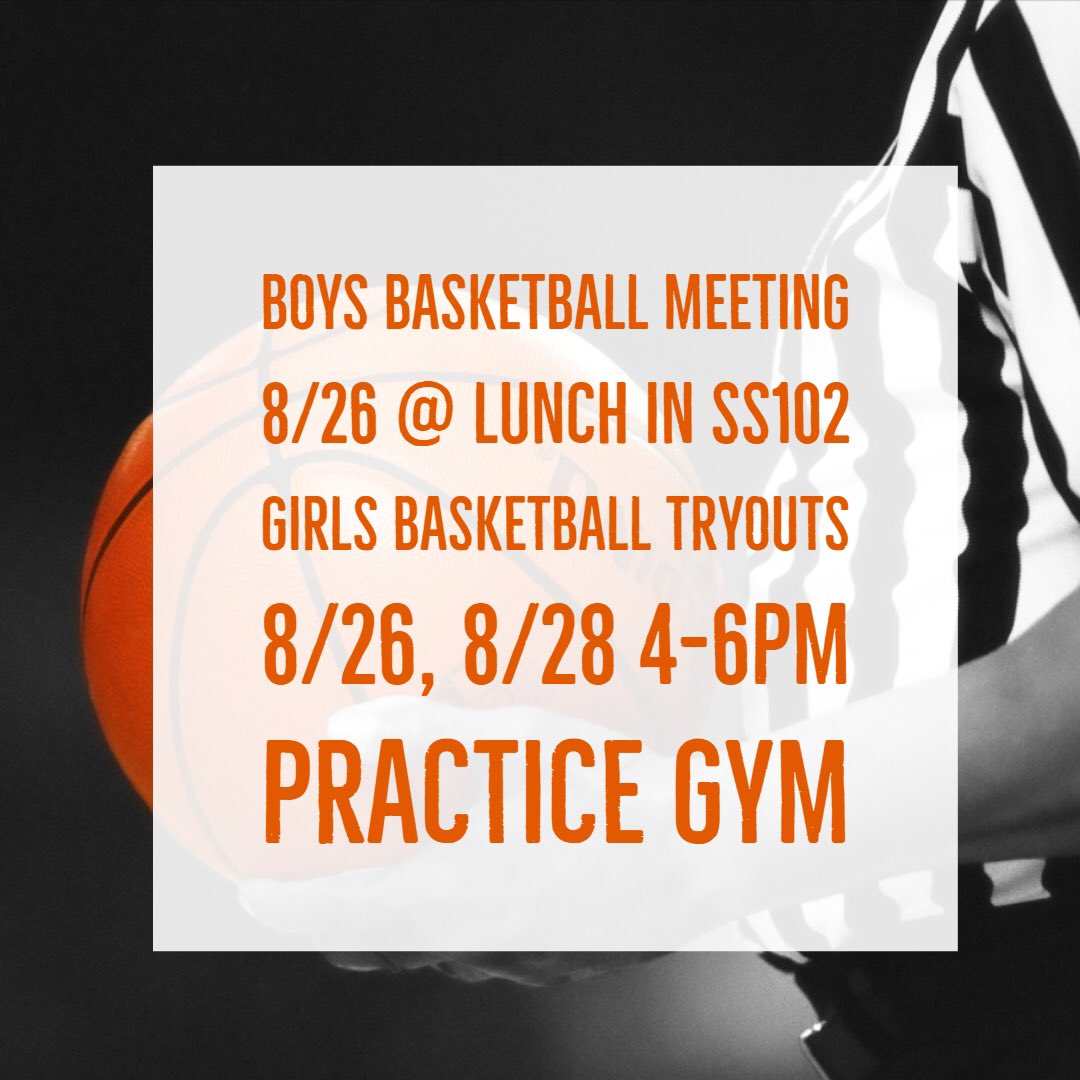 Let’s talk about some basketball! Info. meeting for boys basketball is on 8/26 and girls basketball tryouts are coming up on 8/26 and 8/28! Be there! 🏀