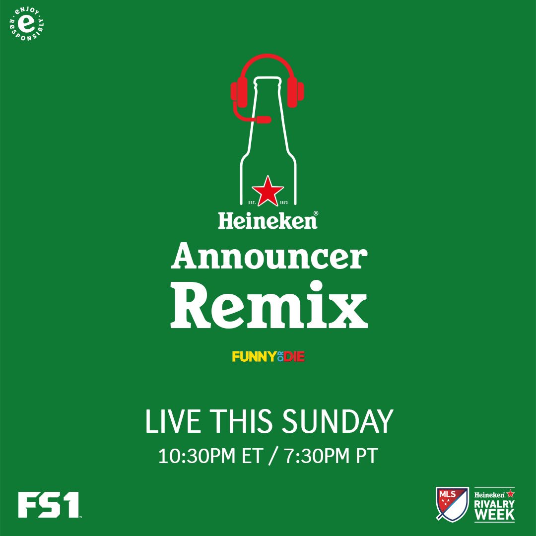 cobijones's tweet photo. It’s the Heineken Announcer Remix! Join me this Sunday on @FunnyOrDie as I commentate on LAFC vs. LA Galaxy game as part of the MLS Heineken Rivalry Week! #ad https://t.co/as0XRZsgVI