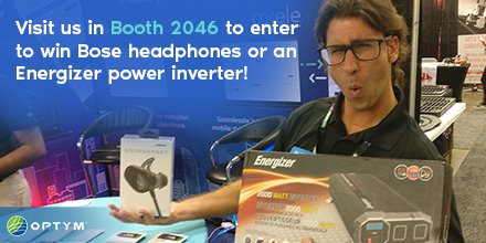 OptymLE's tweet photo. We’re giving away a lot of #SWAG at Booth 2046! Enter our raffle and you could drive away with power inverters, headphones, and so much more. #GATS #OptymHaul https://t.co/aPjFczoYyS