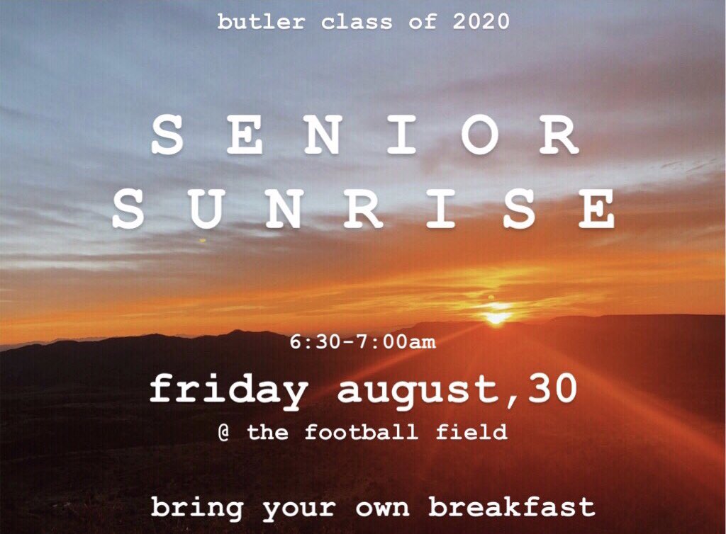 BHSSeniorBoard's tweet image. SENIORS!!! senior board is hosting the first senior sunrise! 🌞🌞
be on the football field @ 6:30am.
come with breakfast and your friends to watch the sunrise with the class of 2020! 
FRIDAY AUGUST, 30 — see you there!