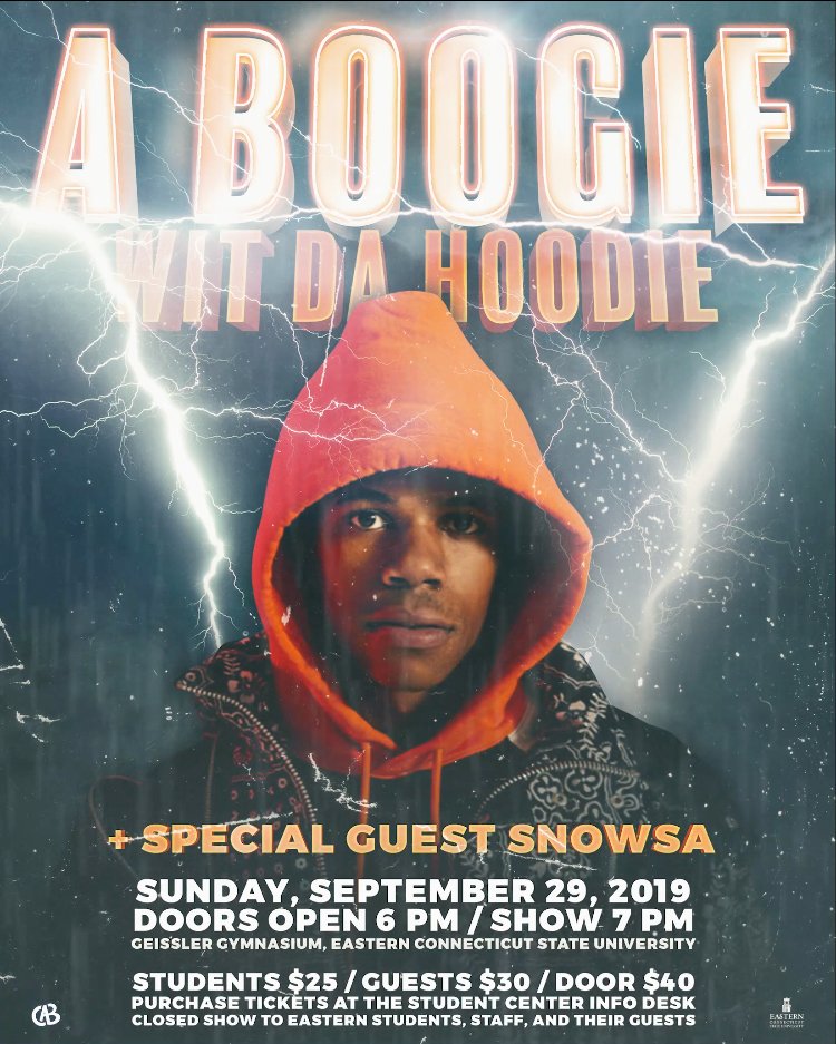 CAB is very excited to announce that A Boogie Wit Da Hoodie will headline Eastern's 2019 Fall Concert. Tickets go on sale Tuesday, August 27th! See you all there!