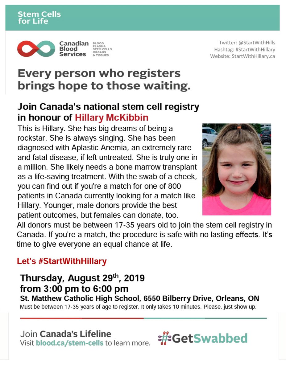 Do you have 10 minutes to save a life? #GetSwabbed on Thursday, August 29, 3-6pm <a href="/StMatthewOCSB/">St. Matthew High School</a> and help <a href="/StartWithHills/">Hillary McKibbin</a> find a #BoneMarrow match!  startwithhillary.ca <a href="/CanadasLifeline/">Canadian Blood Services</a> #StartWithHillary #ottnews #Orleans
