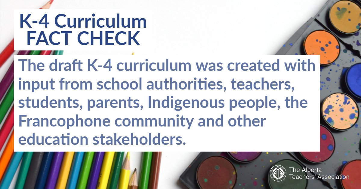 Many groups had input into the current draft K-4 curriculum, school authorities, teachers, students, parents, Indigenous people, the Francophone community and other education stakeholders. bit.ly/2Zk9bBZ #wherearetheteachers #abed #ableg