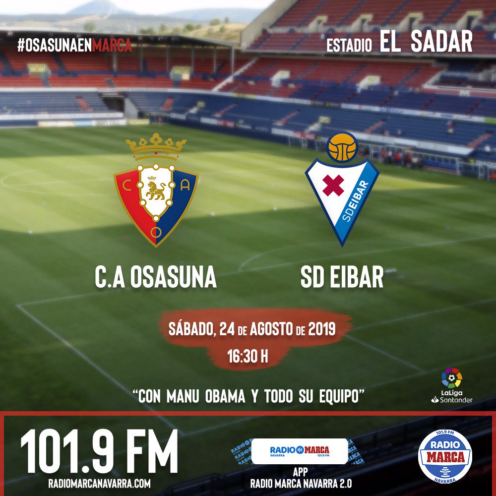 El Sadar se viste de gala.
#OsasunaVuelve a la #PrimeraDivision.
Este sábado desde las 16:30h #OsasunaEibar se enfrentan en la #LigaSantander.
Con la narración de:
🗣 <a href="/ElDardoOBC/">Manuel Owono Obama</a> 
🎚 101.9FM ó radiomarcanavarra.com
⚽️ <a href="/CAOsasuna/">CAOsasuna</a>-<a href="/SDEibar/">SD Eibar</a>
🏟 El Sadar
#Osasuna
#Eibar
#RadioMarca