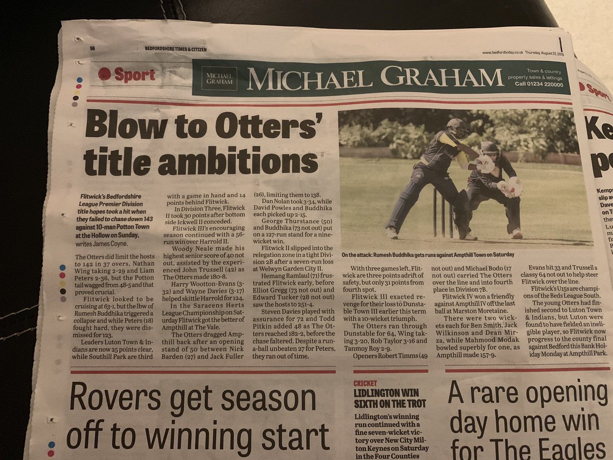 FlitwickCC's tweet photo. Local press coverage of last weekend’s action, courtesy of @coynejames 🤹♂️🎳🤹♂️ (still 6 not out!) - where Sunday’s shambles dominates Saturday’s demolition derby?!?
#wrongheadline 🤷♂️ https://t.co/gjfemO0O03