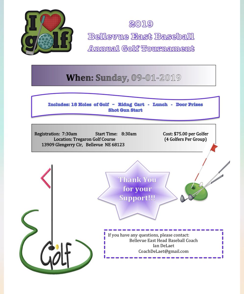 Renner1Mike's tweet photo. @ChieftainNation We NEED GOLFERS for our 2nd Annual Bellevue East Baseball
Golf tournament! @ Tregaron September 1st 8:30am!!!! A ton of prizes, food, golf and a few surprises!
Contact Mike Renner at renner1@cox.net or 
Head Coach Ian  DeLaet at the contact info below on flier! https://t.co/30ZrJxdIZc