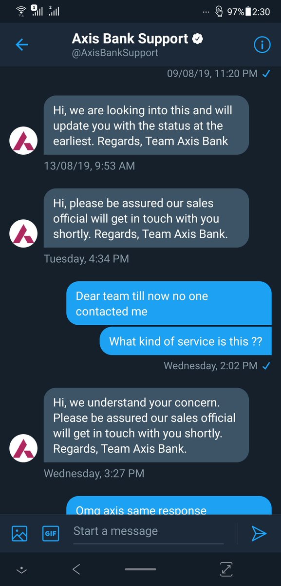 #axisbank <a href="/AxisBankSupport/">Axis Bank Support</a> #RBI see the robotic response from axis bank . The sales team will get in touch with me . It's been more then 7 days . Still no one contacted me