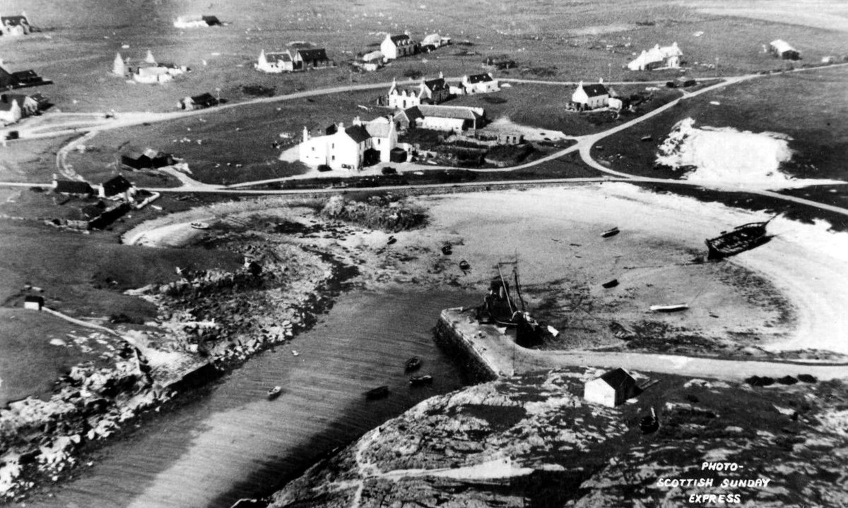 tourscotland's tweet photo. Old Tour #Scotland Ancestry Travel visit Genealogy Scottish Family History Blog aerial photo of #Scarinish, the main village on the #Isle of #Tiree located South West of #Coll which is West of #Isle #Of #Mull  https://t.co/fDddzoUM09 https://t.co/NwLZoiU3Sp