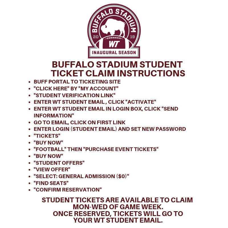 *WT STUDENTS*

There is a new process to claiming your tickets for football games this season. Student tickets are not guaranteed when you walk up on gameday, so make sure you claim them during the week.