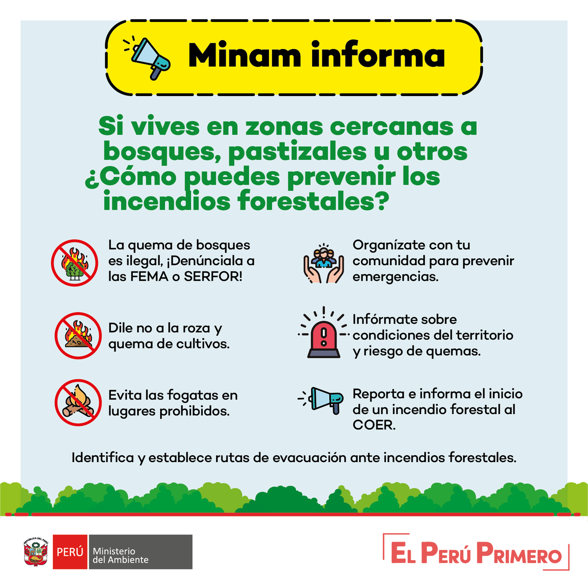MinamPeru's tweet photo. #MinamInforma | Si vives en zonas cercanas a bosques, pastizales u otros, ¿Cómo puedes prevenir los incendios forestales?
#ElPerúPrimero https://t.co/LKADistlZv
