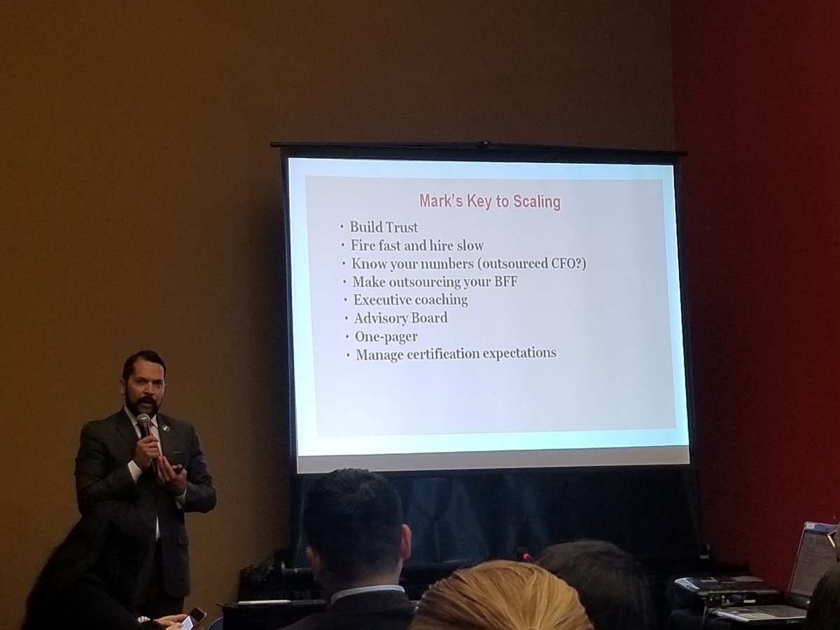 Mark Madrid @madridinspire head of the #Stanford #LBAN project taught a class on scaling your business. See his keys in the pic but he also shared some basic traits: registered biz, networked, office space, certified, exports &amp; uses technology  #CHCC40