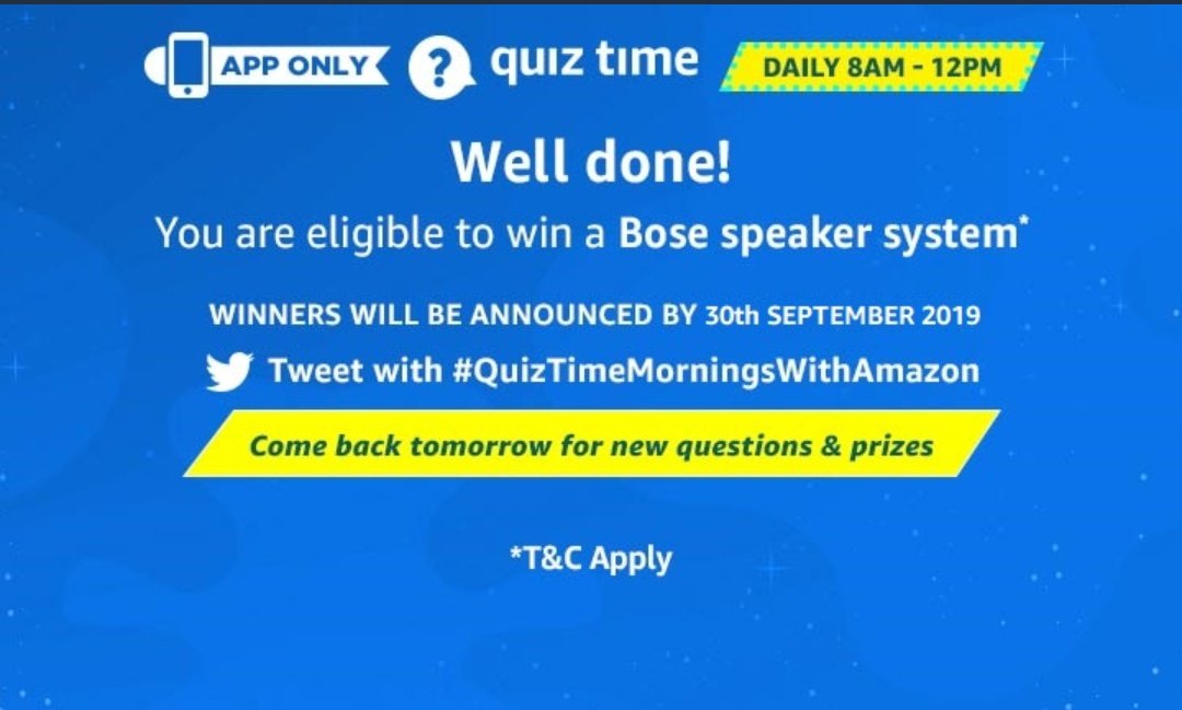 Nishant26576518's tweet image. #QuizTimeMorningsWithAmazon
#amazonQuiz
#luckdraw
#lucky