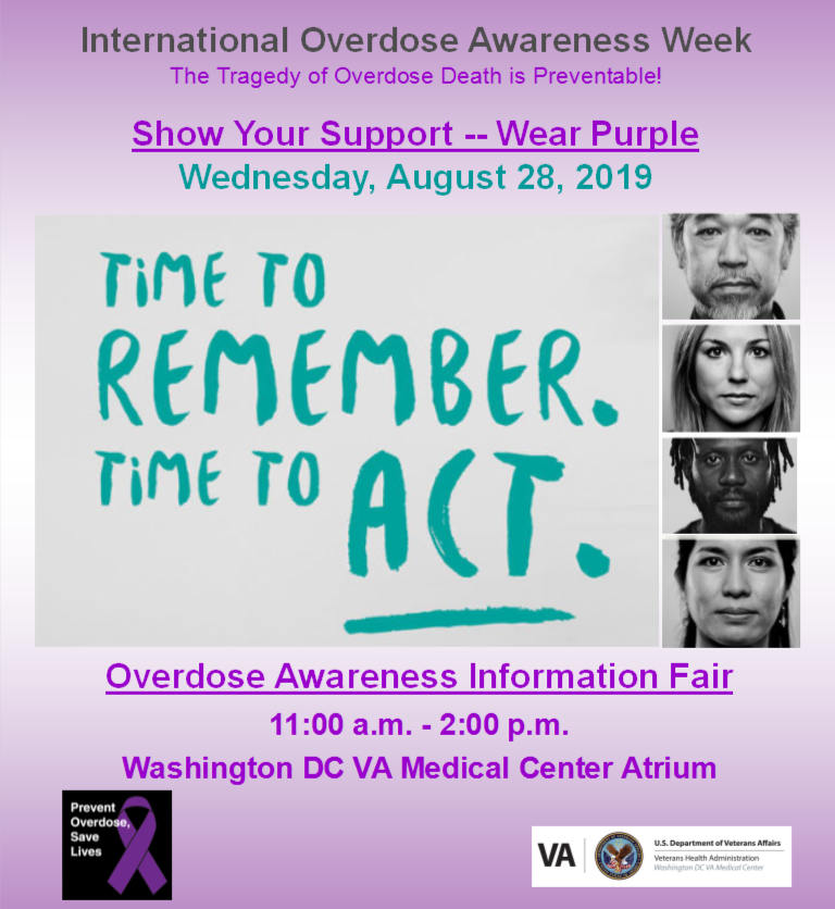 DCVAMC's tweet photo. On August 28, wear purple to show your support for #OverdoseAwareness Week. Pharmacy Service & SARP teams will be in the Atrium from 11 am to 2 pm to discuss help for #addiction and how to #preventoverdoses. #OverdoseAwareness https://t.co/mk2qmp04JT