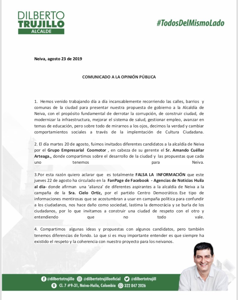 DilbertoTrujill's tweet photo. 🚨Atención Neiva 🚨                     
Están haciendo campaña política jugando con la mentira y el miedo de las personas ¡No se dejen engañar! Ayúdanos a compartir este mensaje 👍🏻 https://t.co/4LNrkWgDou